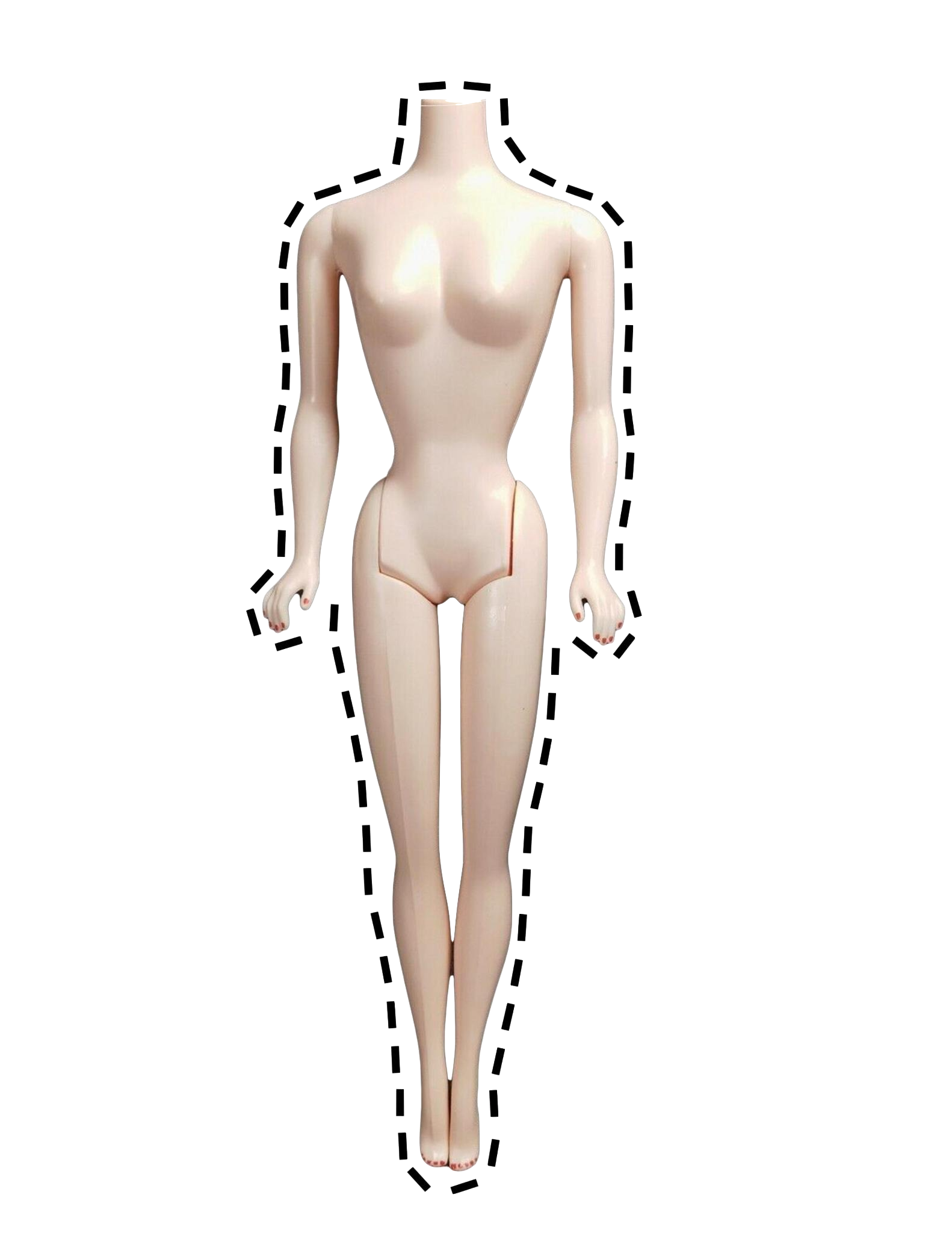 A headless, clothes-less doll in a pink void surrounded by dashes.